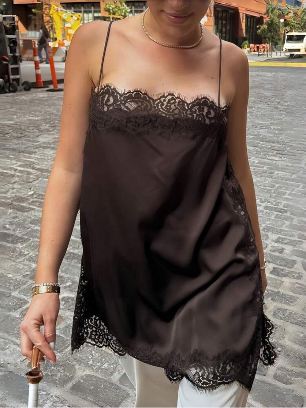 NWT Zara Chocolate Brown Lace-Trim Satin Cami